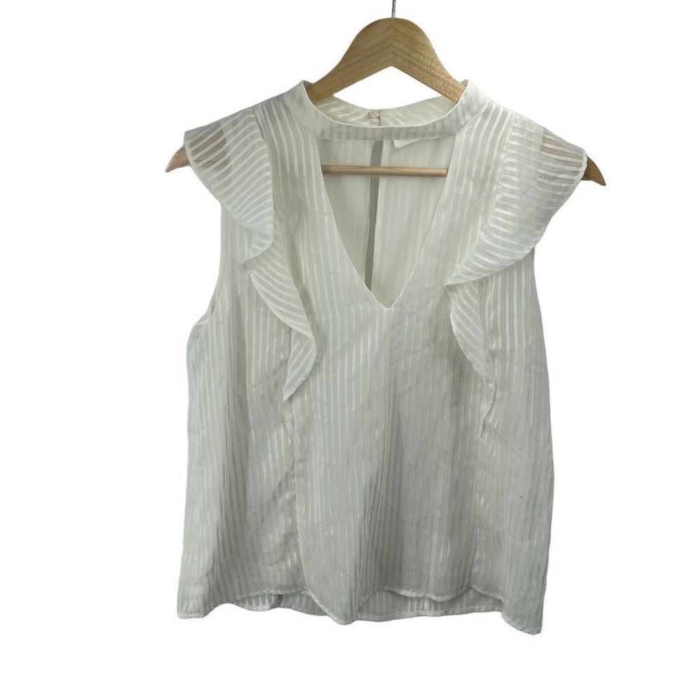ASTR Women Casual Blouse Ruffled Blouse Deep Neckline Pinstripes White Size Medi